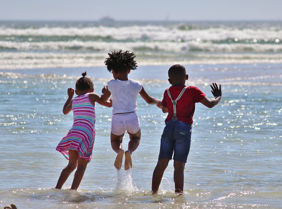 three kids playing on shore during daytime, children, beach, sea, HD wallpaper