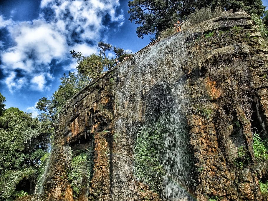 Nice, France, Waterfall, Trees, cliff, sky, clouds, hdr, nature, HD wallpaper