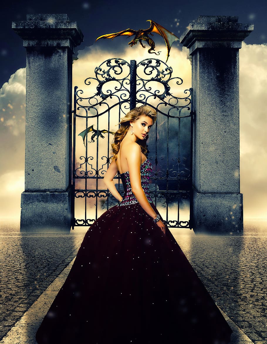 woman wearing purple and gray glittery sequin gown near a gate and a dragon, HD wallpaper