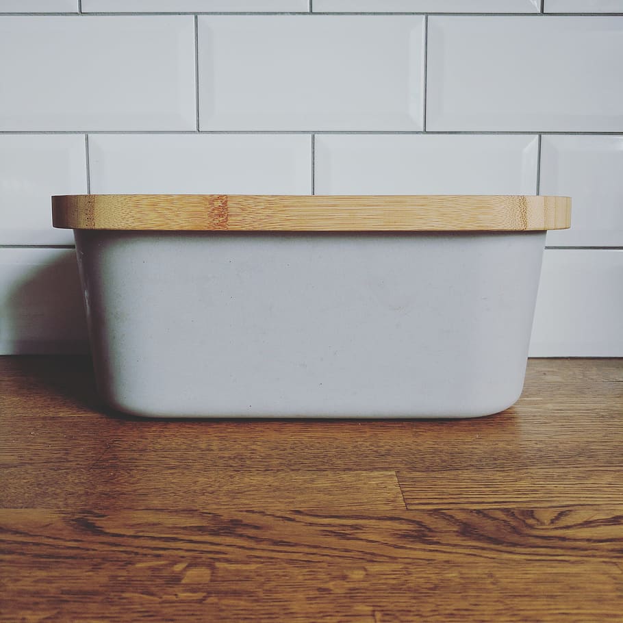 bread bin, kitchen, brick tiles, worktop, wood, modern, indoors HD wallpaper