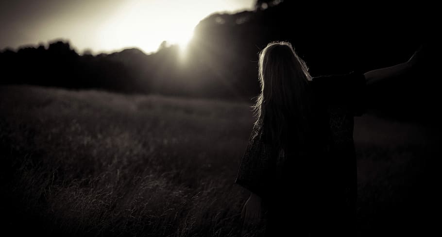 grayscale photo of female silhouette, black And White, nature HD wallpaper