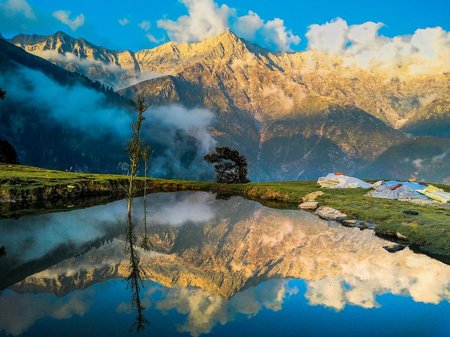 Mirror, photography of mountain with body of water, sunrise, cloud HD wallpaper