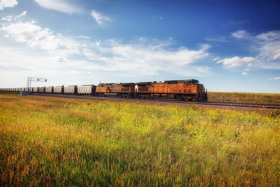 photo of brown train on railings, black, wyoming, landscape, scenic, HD wallpaper