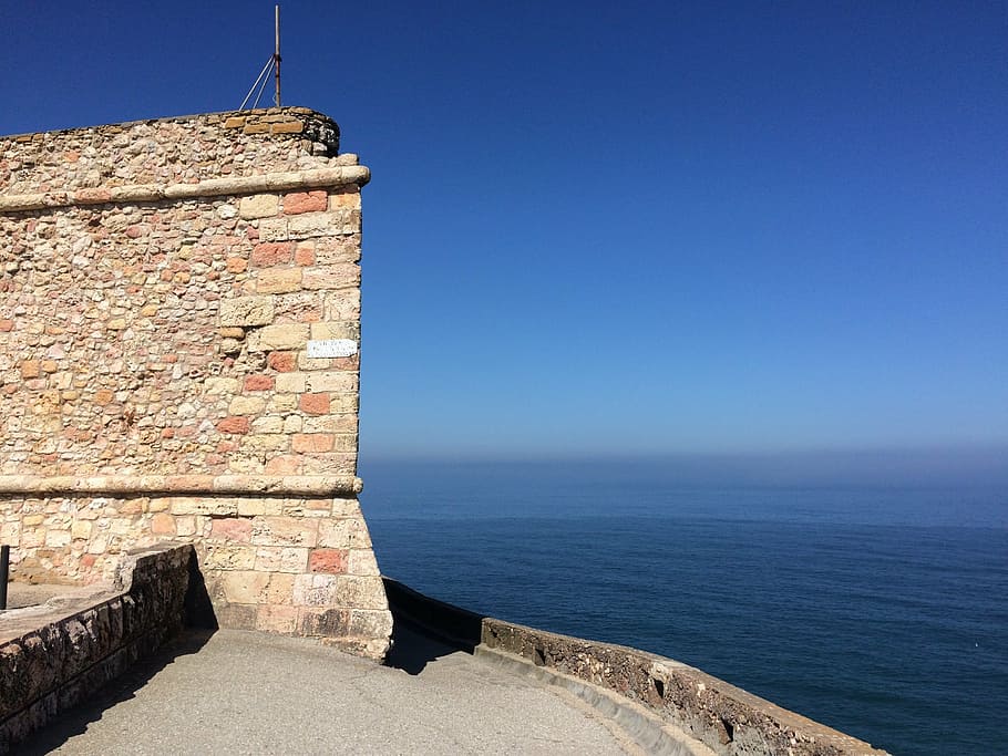 castle, wall, sea, ocean, nazare, portugal, atlantic, coastline, HD wallpaper