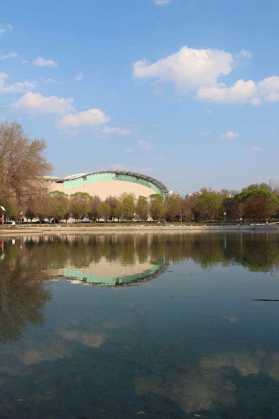 blue sky, white cloud, building, water, reflection, cloud - sky HD wallpaper