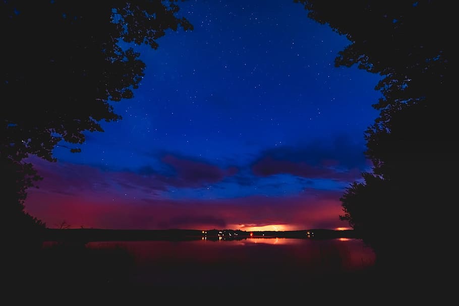 canada, lake, night, evening, stars, lights, glow, reflections HD wallpaper