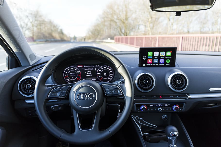 black and silver Audi car interior, audi a3, carplay, auto, steering wheel