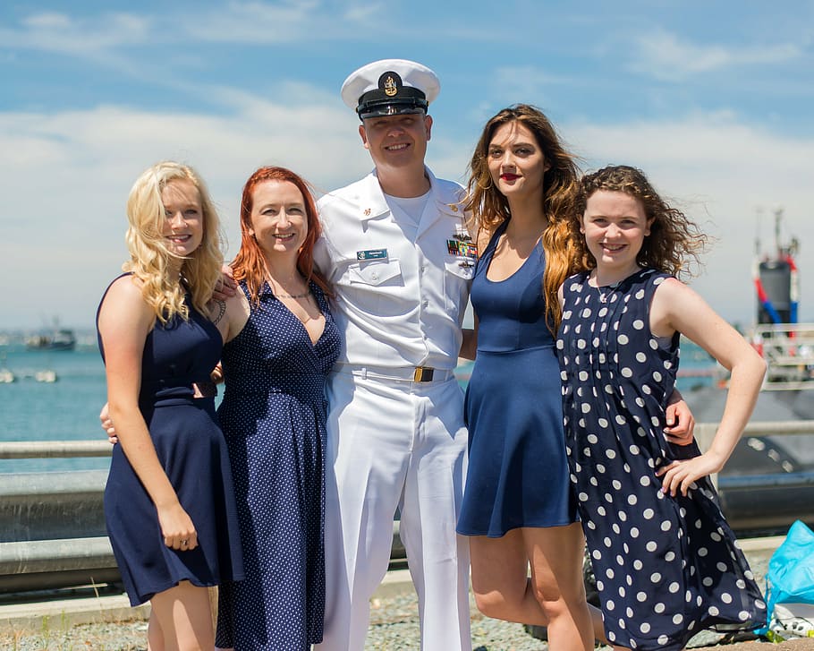 five people taking photo near cruise ships, veterans, navy HD wallpaper
