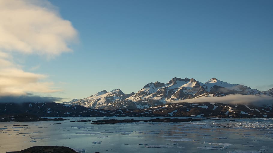 mountain, sea, clouds, floating, ice, snow, greenland, summer HD wallpaper