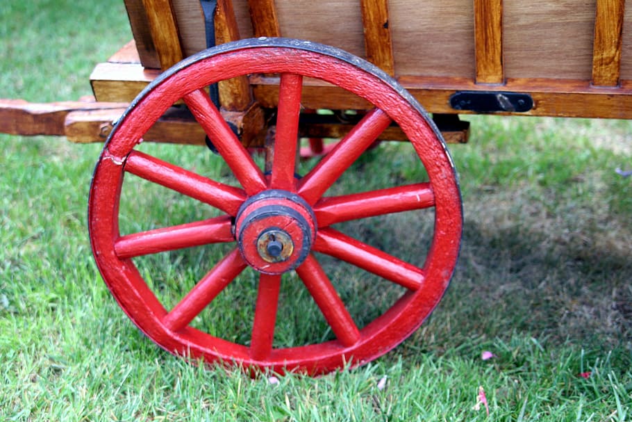 HD wallpaper: Wheel, Cart, Red, Field, Grass, Wood, wagon wheel