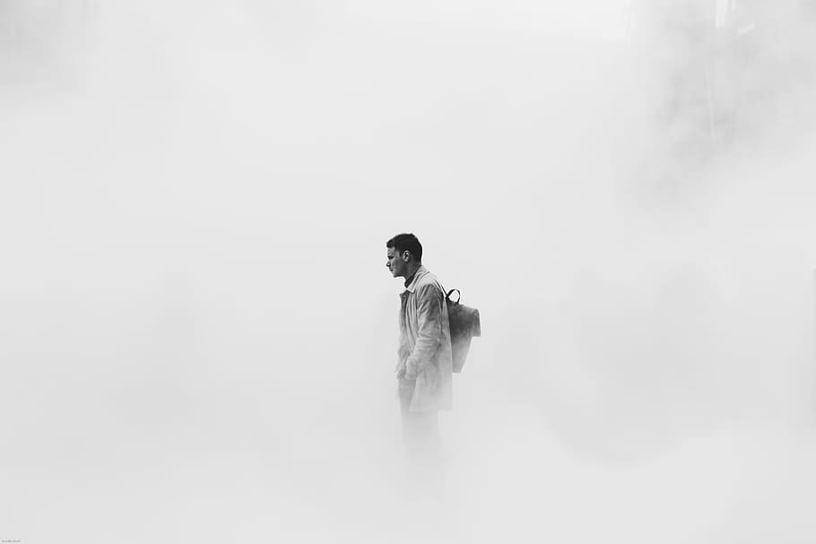 grayscale photo of man surrounded by fogs, grayscale photo of man surrounded with mist HD wallpaper