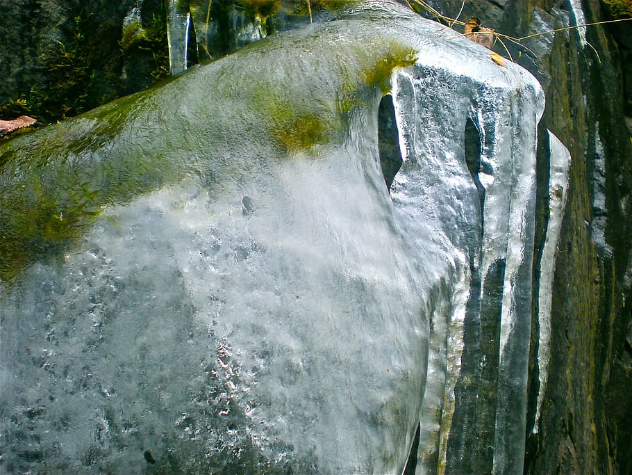 icicles, spring, mountain, two, waterfall, nature, stream, river HD wallpaper