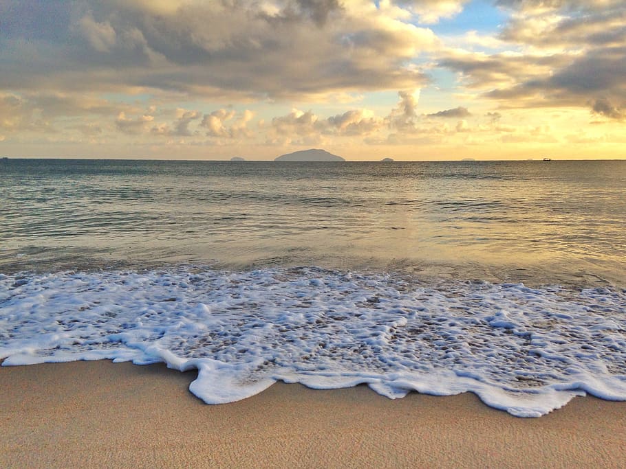 Beach, Shore, Wave, Foam, Water, Morning, sunrise, sea, summer HD wallpaper
