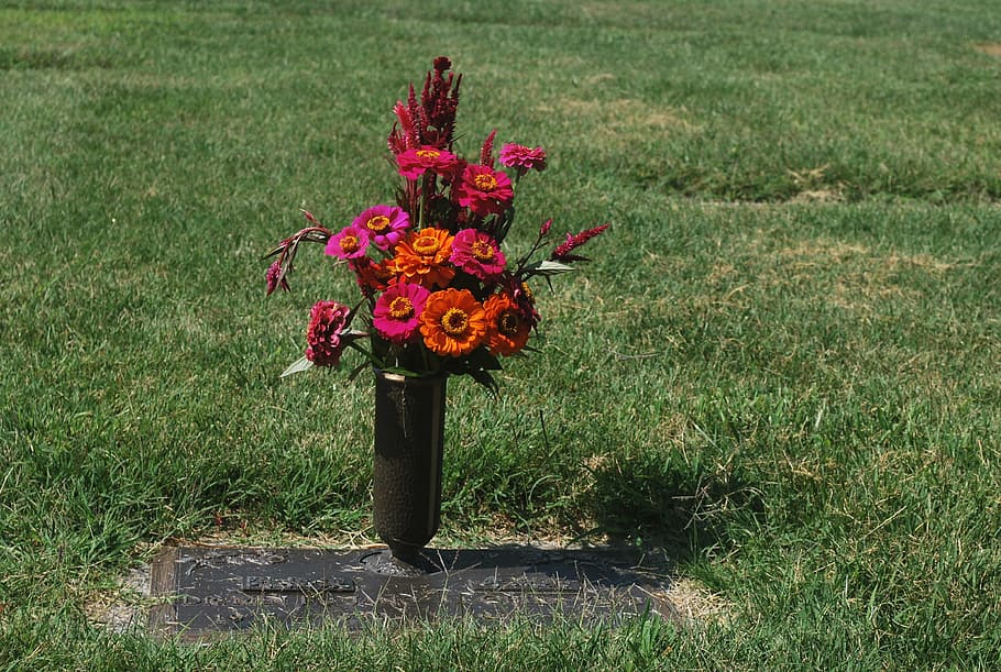 flowers on vase on tombstone, Grave, Urn, Cemetery, Death, dead