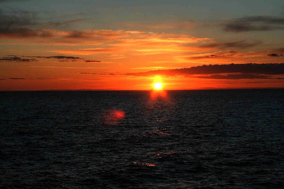 sunset, setting sun, sea, sky, evening sky, nature, dusk, summer HD wallpaper