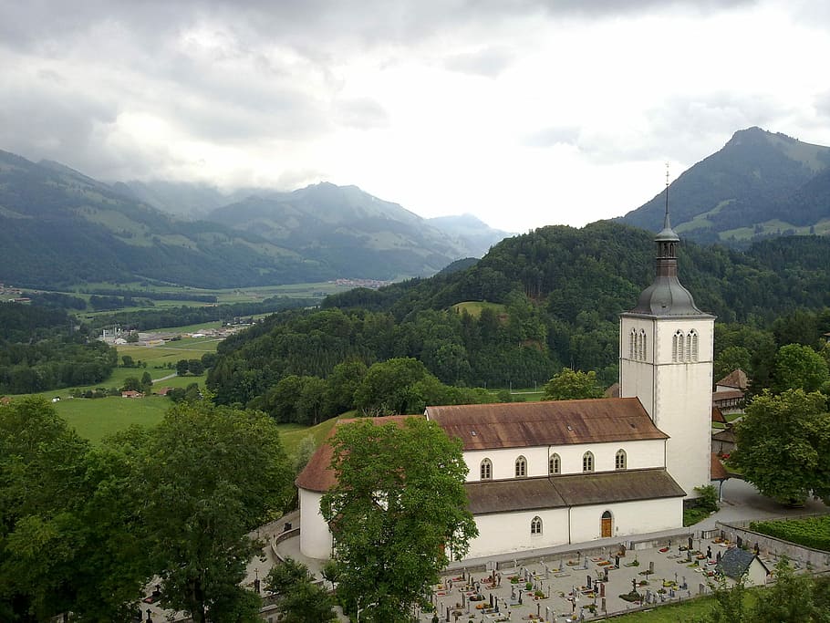 Mountain, Field, Trees, Alps, green, gruyère, architecture HD wallpaper