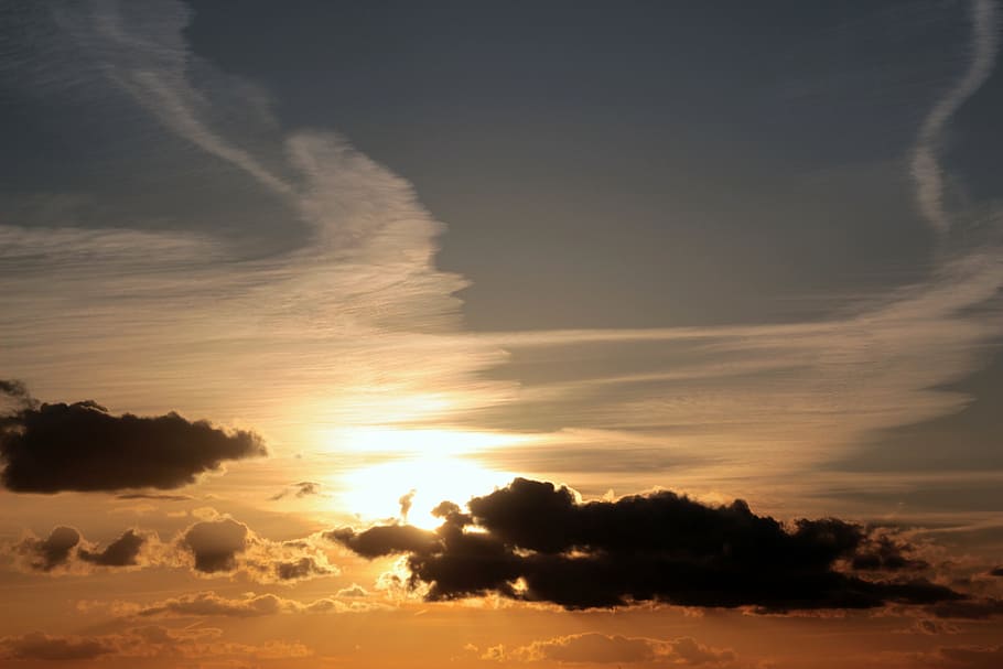 sunset, clouds, dark clouds, bright cloud, contrail, abendstimmung HD wallpaper