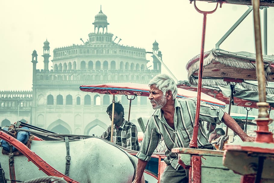 man holding red and white carriage, monument, city, india, building HD wallpaper