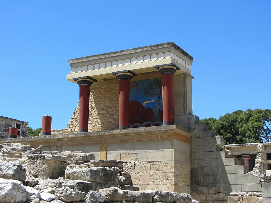 ancient ruins under blue sky, fresco, bull, palace of knossos