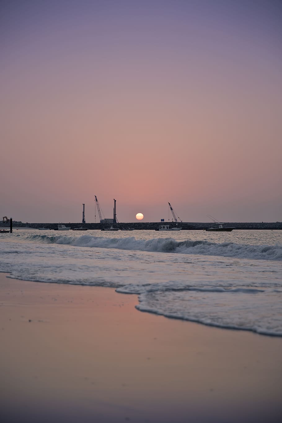 Sunset, Beach, Cranes, Construction, relax, sea, nature, dusk HD wallpaper