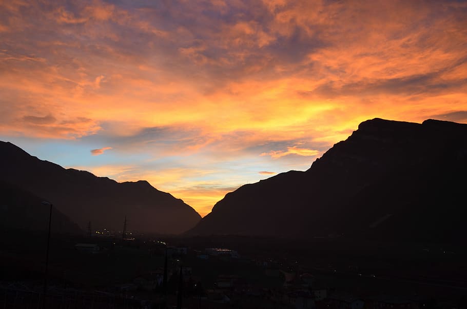 sunset, mountains, the red sky, clouds, red sky at night, burning sky HD wallpaper