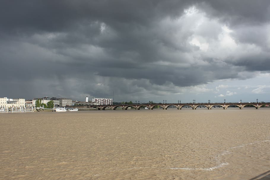 Bordeaux, Clouds, Garonne, Bridge, sky, cloud - sky, beach, HD wallpaper