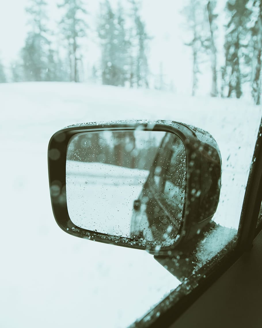 selective focus photography of left side mirror of vehicle on snow field, black vehicle wing mirror HD wallpaper