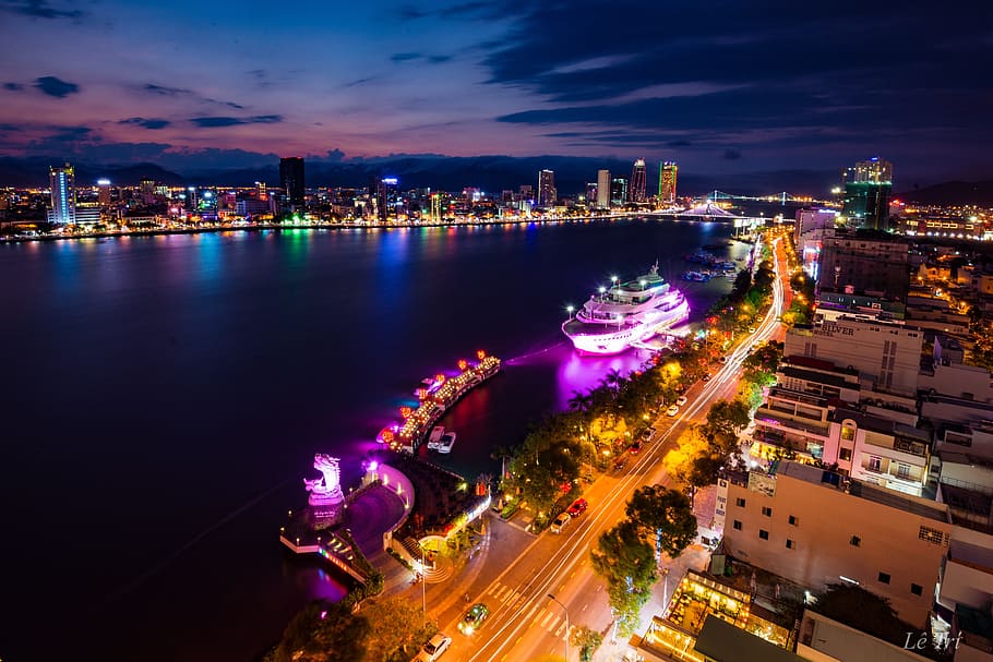 the river, sky, danang, illuminated, architecture, city, building exterior, HD wallpaper