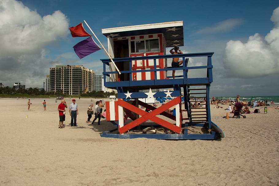 miami, ocean, sand, beach, lifeguard, sea, people, lifeguard Hut HD wallpaper