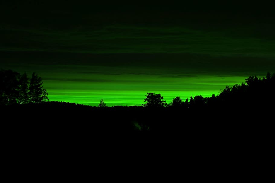 sunset, magic, light, green, nature, tree, dusk, sky, landscape HD wallpaper