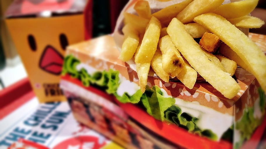 shallow focus photography of potato fries, burger, burgers, cheeseburger, HD wallpaper