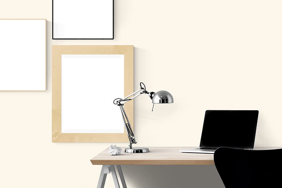 stainless steel desk lamp beside MacBook Pro, poster mockup HD wallpaper