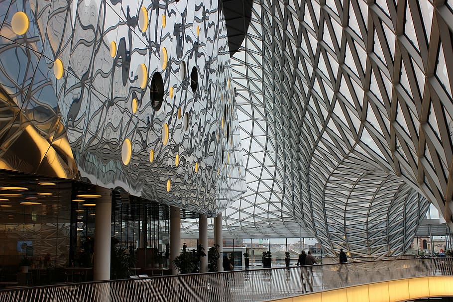 people walking inside building, architecture, frankfurt, perspective HD wallpaper