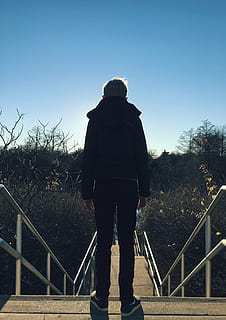 boy standing on stairs during daytime, man, wearing, black HD wallpaper