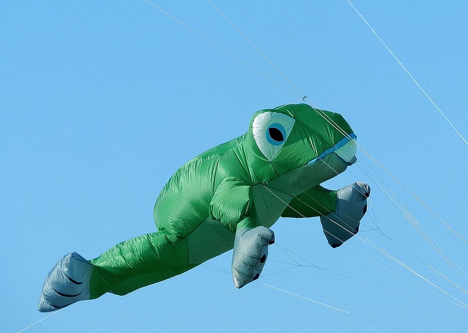 balloon, dragons, frog, fly, sky, green, blue, clear sky, low angle view HD wallpaper