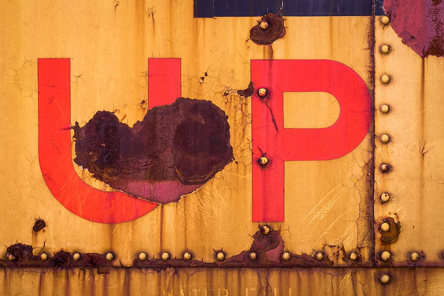 UP paint signage, red UP printed metal, building, old, rusty HD wallpaper