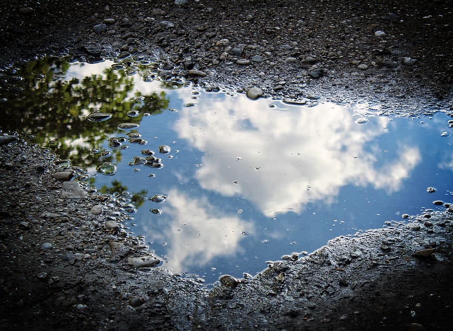 puddle, water, reflection, clouds, blue, wet, nature, no people HD wallpaper