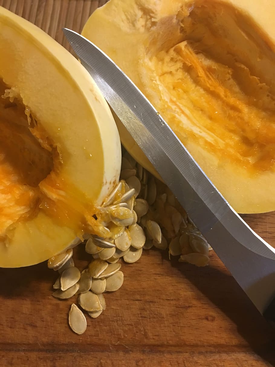 pumpkin, pips, a vegetable, seeds, half, inside, knife, food and drink HD wallpaper