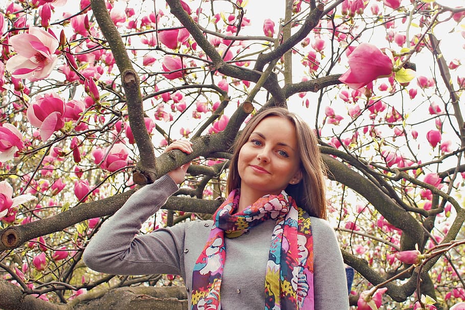 Flowers, Tree, Girl, only women, cherry blossom, cherry tree HD wallpaper