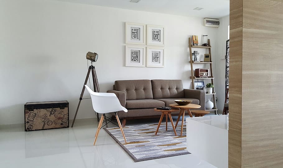 brown 2-seat sofa near white plastic chair, home, decor, interior