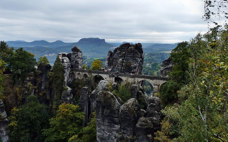 view of the basteibrücke, saxon switzerland, landscape, tree, HD wallpaper