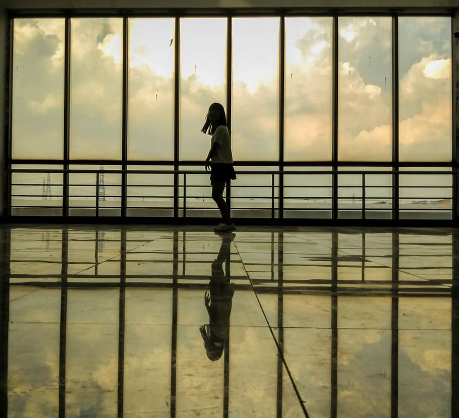 Silhouette, Female, Minimalist, Window, backlighting, sky, one person HD wallpaper