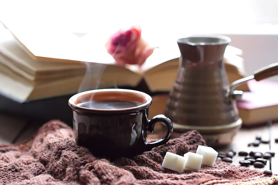 black ceramic coffee mug, cup, drink, dawn, chocolate, sugar