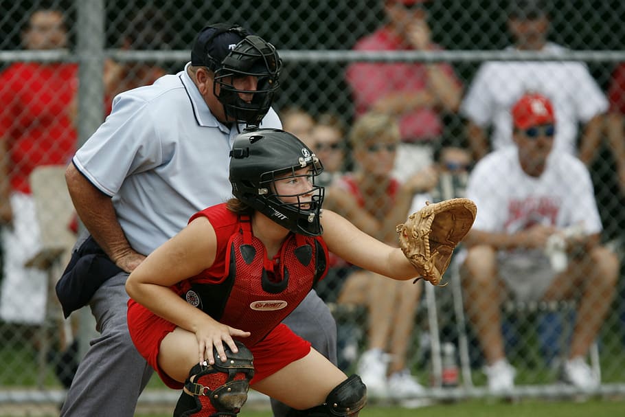 softball, catcher, player, umpire, competition, game, ballgame HD wallpaper