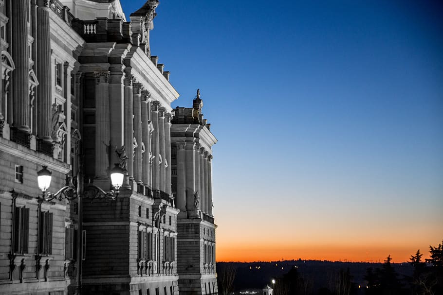palace, sunset, sky, landscapes, madrid, horizon, dusk, screen saver HD wallpaper