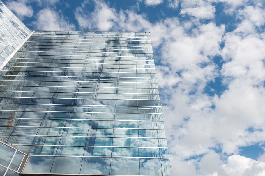 Bottom View of Clear Glass Building Under Blue Cloudy Sky during Day Time, HD wallpaper