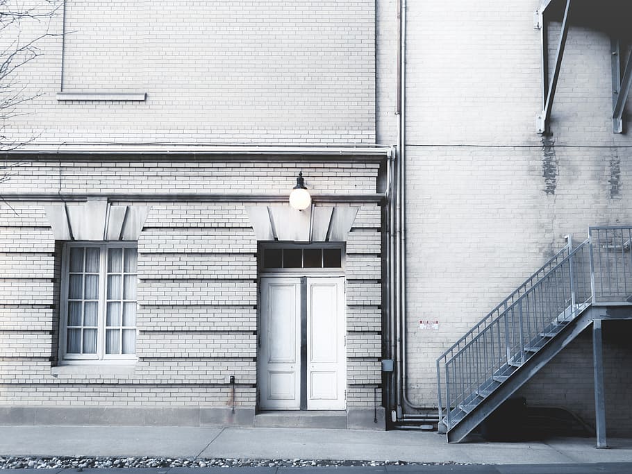 closed white door, white wooden door closed, grayscale, photography HD wallpaper