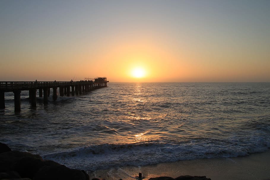 jetty, ocean, namibia, africa, sky, sunset, sea, water, horizon HD wallpaper