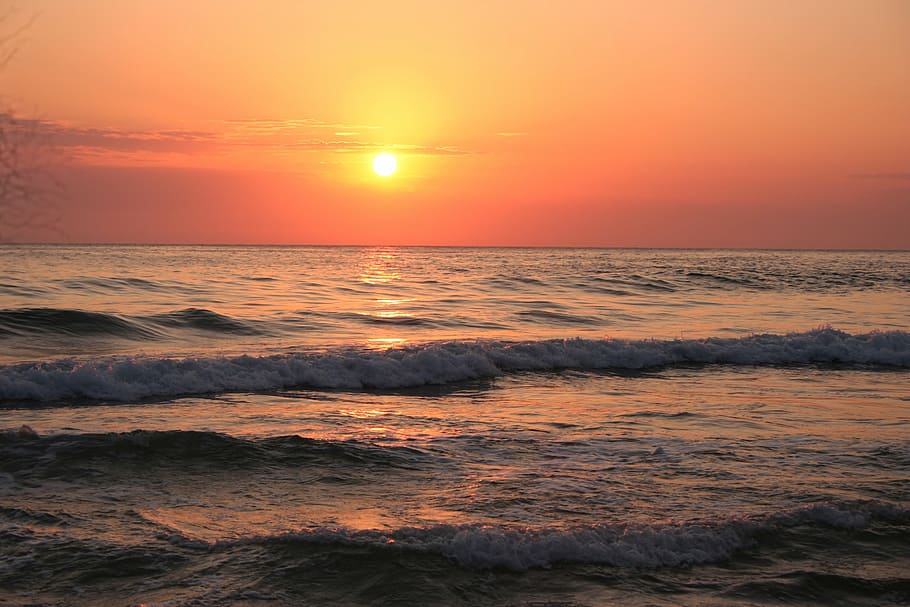 eventide, sol, mar, sunset, waves, sea, sky, water, scenics - nature HD wallpaper