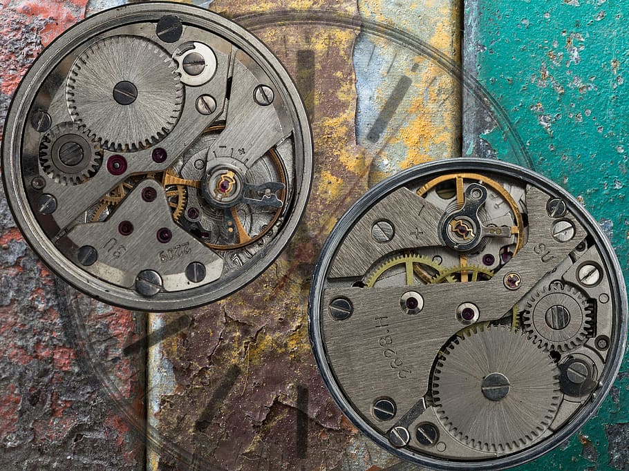 two round gray skeleton watches, clock, movement, time, old HD wallpaper
